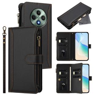 For OPPO Reno12 F 5G Global Magnetic Closure 9 Card Slots Zipper Leather Case with Hand Strap(Black)