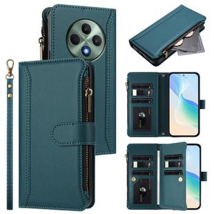 For OPPO Reno12 F 5G Global Magnetic Closure 9 Card Slots Zipper Leather Case with Hand Strap(Dark Green)