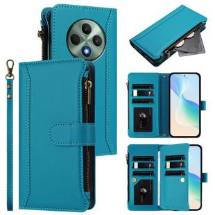 For OPPO Reno12 F 5G Global Magnetic Closure 9 Card Slots Zipper Leather Case with Hand Strap(Turquoise)