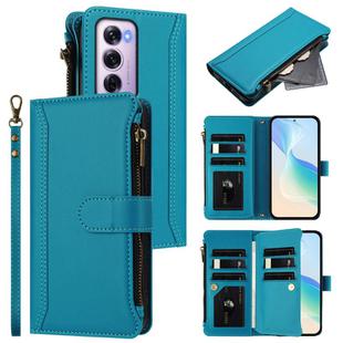 For OPPO Reno12 Pro 5G Global Magnetic Closure 9 Card Slots Zipper Leather Case with Hand Strap(Turquoise)