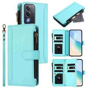 For OPPO A5 5G / A3 Pro 5G Global Magnetic Closure 9 Card Slots Zipper Leather Case with Hand Strap(Mint Green)