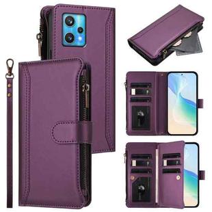 For Realme 9 Pro+ 5G / Narzo 50 Pro Magnetic Closure 9 Card Slots Zipper Leather Case with Hand Strap(Purple)