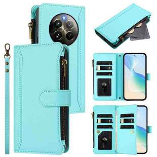 For Realme 13 4G Global / P1 5G Global Magnetic Closure 9 Card Slots Zipper Leather Case with Hand Strap(Mint Green)