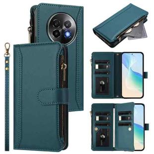 For Realme 13+ 5G Global Magnetic Closure 9 Card Slots Zipper Leather Case with Hand Strap(Dark Green)