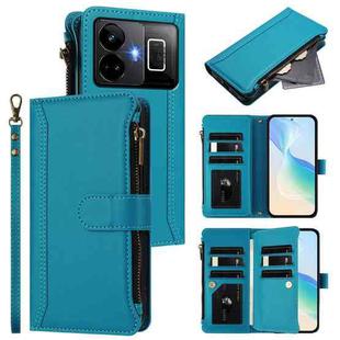 For Realme GT3 5G / GT Neo 5 240W Magnetic Closure 9 Card Slots Zipper Leather Case with Hand Strap(Turquoise)