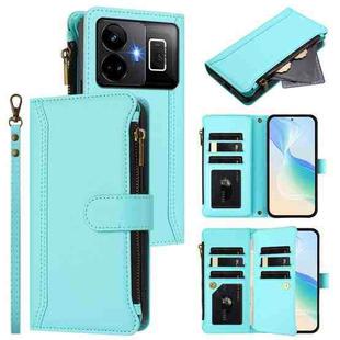 For Realme GT3 5G / GT Neo 5 240W Magnetic Closure 9 Card Slots Zipper Leather Case with Hand Strap(Mint Green)