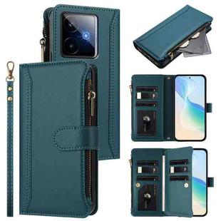 For Realme GT7 Magnetic Closure 9 Card Slots Zipper Leather Case with Hand Strap(Dark Green)