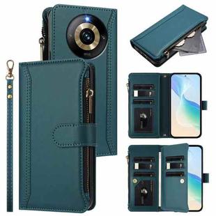 For Realme Narzo 60 Pro Global Magnetic Closure 9 Card Slots Zipper Leather Case with Hand Strap(Dark Green)