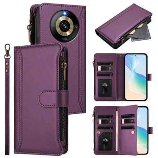 For Realme Narzo 60 Pro Global Magnetic Closure 9 Card Slots Zipper Leather Case with Hand Strap(Purple)