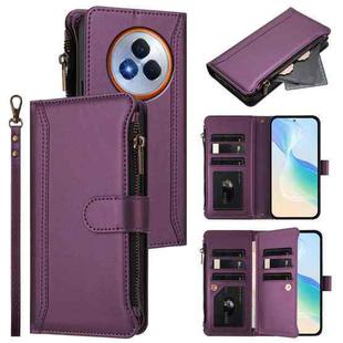 For Realme Narzo 80 Pro Magnetic Closure 9 Card Slots Zipper Leather Case with Hand Strap(Purple)