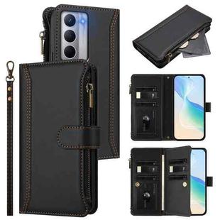 For Realme Narzo 80X Magnetic Closure 9 Card Slots Zipper Leather Case with Hand Strap(Black)