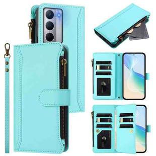 For Realme Narzo 80X Magnetic Closure 9 Card Slots Zipper Leather Case with Hand Strap(Mint Green)