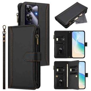 For Realme Note 60 4G Global / Narzo N63 4G Magnetic Closure 9 Card Slots Zipper Leather Case with Hand Strap(Black)