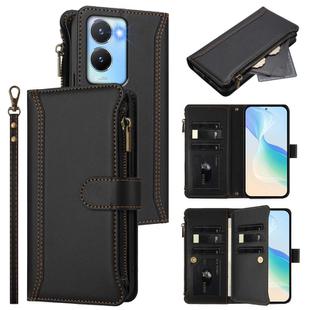 For vivo Y56 5G Global / Y16 4G Global Magnetic Closure 9 Card Slots Zipper Leather Case with Hand Strap(Black)
