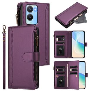 For vivo Y56 5G Global / Y16 4G Global Magnetic Closure 9 Card Slots Zipper Leather Case with Hand Strap(Purple)