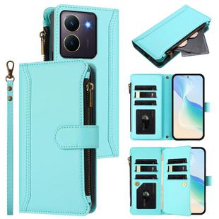 For vivo Y36 4G Global / Y27S 4G Global Magnetic Closure 9 Card Slots Zipper Leather Case with Hand Strap(Mint Green)
