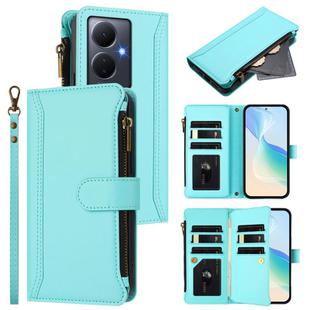 For vivo Y78+ 5G Global / V29 Lite Magnetic Closure 9 Card Slots Zipper Leather Case with Hand Strap(Mint Green)