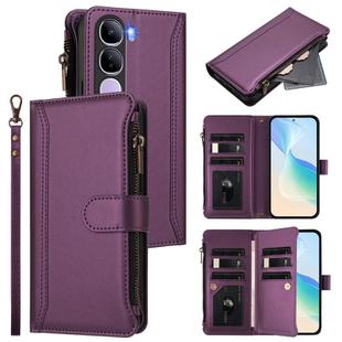 For vivo Y300 5G Global Magnetic Closure 9 Card Slots Zipper Leather Case with Hand Strap(Purple)