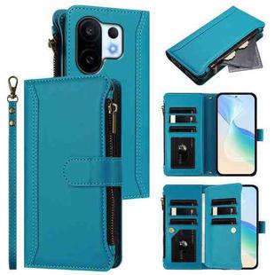 For vivo S30 Pro mini Magnetic Closure 9 Card Slots Zipper Leather Case with Hand Strap(Turquoise)