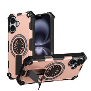 For iPhone 16 Shockproof Kickstand Metallic Shaft MagSafe Phone Case(Rose Gold)