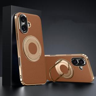 For iPhone 16 Plain Leather Hydric Metal Holder MagSafe Phone Case(Brown)