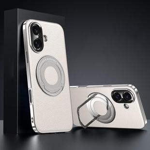 For iPhone 16 Plain Leather Hydric Metal Holder MagSafe Phone Case(White)