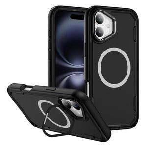 For iPhone 16 Plus Defend 3 in 1 Rugged MagSafe Magnetic Holder Phone Case(Black)