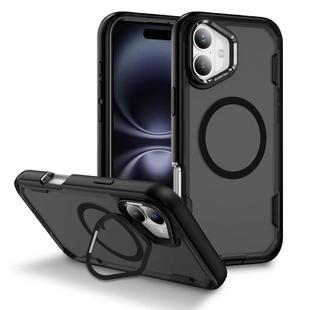 For iPhone 16 Defend 3 in 1 Rugged MagSafe Magnetic Holder Phone Case(Black + Transparent Grey)