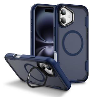 For iPhone 16 Defend 3 in 1 Rugged MagSafe Magnetic Holder Phone Case(Blue + Transparent Blue)