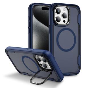For iPhone 15 Pro Defend 3 in 1 Rugged MagSafe Magnetic Holder Phone Case(Blue + Transparent Blue)