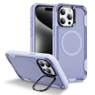 For iPhone 15 Pro Defend 3 in 1 Rugged MagSafe Magnetic Holder Phone Case(Light Purple + Transparent Purple)
