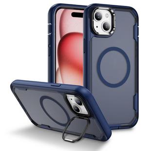For iPhone 15 Plus Defend 3 in 1 Rugged MagSafe Magnetic Holder Phone Case(Blue + Transparent Blue)