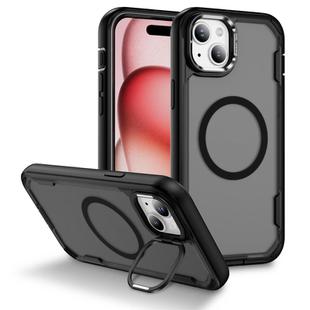 For iPhone 15 Defend 3 in 1 Rugged MagSafe Magnetic Holder Phone Case(Black + Transparent Grey)