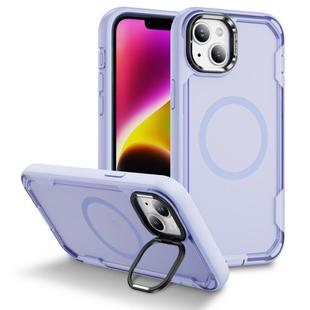 For iPhone 14 Plus Defend 3 in 1 Rugged MagSafe Magnetic Holder Phone Case(Light Purple + Transparent Purple)