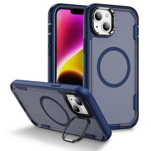 For iPhone 14 Defend 3 in 1 Rugged MagSafe Magnetic Holder Phone Case(Blue + Transparent Blue)