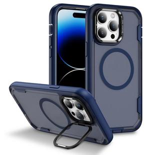 For iPhone 14 Pro Max Defend 3 in 1 Rugged MagSafe Magnetic Holder Phone Case(Blue + Transparent Blue)