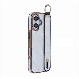For iPhone 16 Electroplating Loose Powder Wristband Holder Phone Case(White)