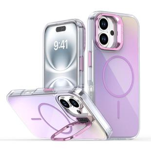 For iPhone 16 Gradient Discolor Lens Kickstand Magsafe Phone Case(Purple)