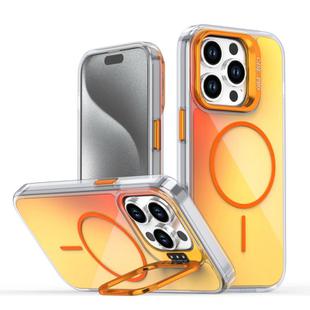 For iPhone 14 Pro Gradient Discolor Lens Kickstand Magsafe Phone Case(Orange)