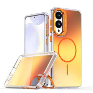 For Samsung Galaxy S25 Edge 5G Gradient Discolor Lens Kickstand Magsafe Phone Case(Orange)