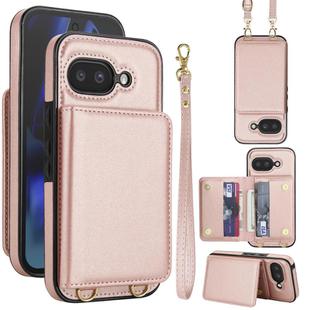 For Google Pixel 9a Crossbody Dual-buckle Wallet RFID Back Leather Phone Case(Rose Gold)