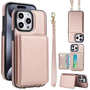 For iPhone 15 Pro Crossbody Dual-buckle Wallet RFID Back Leather Phone Case(Rose Gold)