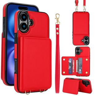 For iPhone 16 Crossbody Dual-buckle Wallet RFID Back Leather Phone Case(Red)