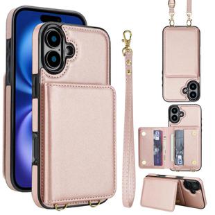 For iPhone 16 Crossbody Dual-buckle Wallet RFID Back Leather Phone Case(Rose Gold)