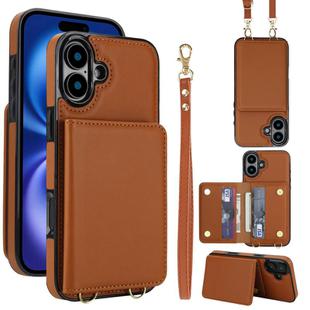 For iPhone 16 Crossbody Dual-buckle Wallet RFID Back Leather Phone Case(Brown)