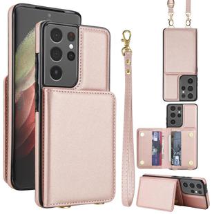 For Samsung Galaxy S21 Ultra 5G Crossbody Dual-buckle Wallet RFID Back Leather Phone Case(Rose Gold)