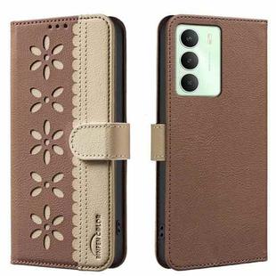 For Realme 14X 5G Splicing Color Hollow Flower Pattern RFID Leather Phone Case(Brown)