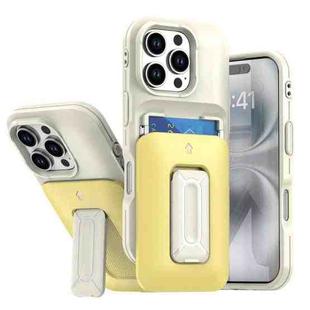For iPhone 16 Pro Sliding Card Holder Integrated Phone Case with Kickstand(Beige Yellow)