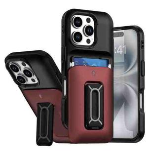 For iPhone 16 Pro Sliding Card Holder Integrated Phone Case with Kickstand(Black Red)