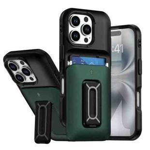For iPhone 16 Pro Sliding Card Holder Integrated Phone Case with Kickstand(Black Green)